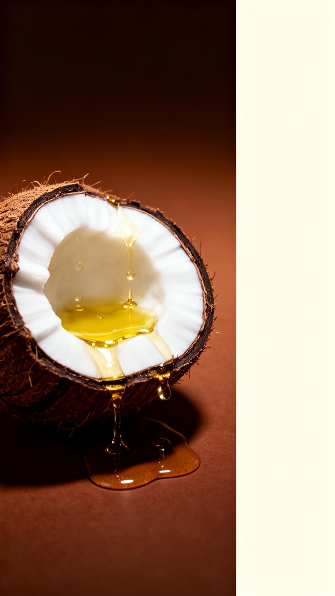 A fresh coconut split open with pure golden coconut oil pooling inside