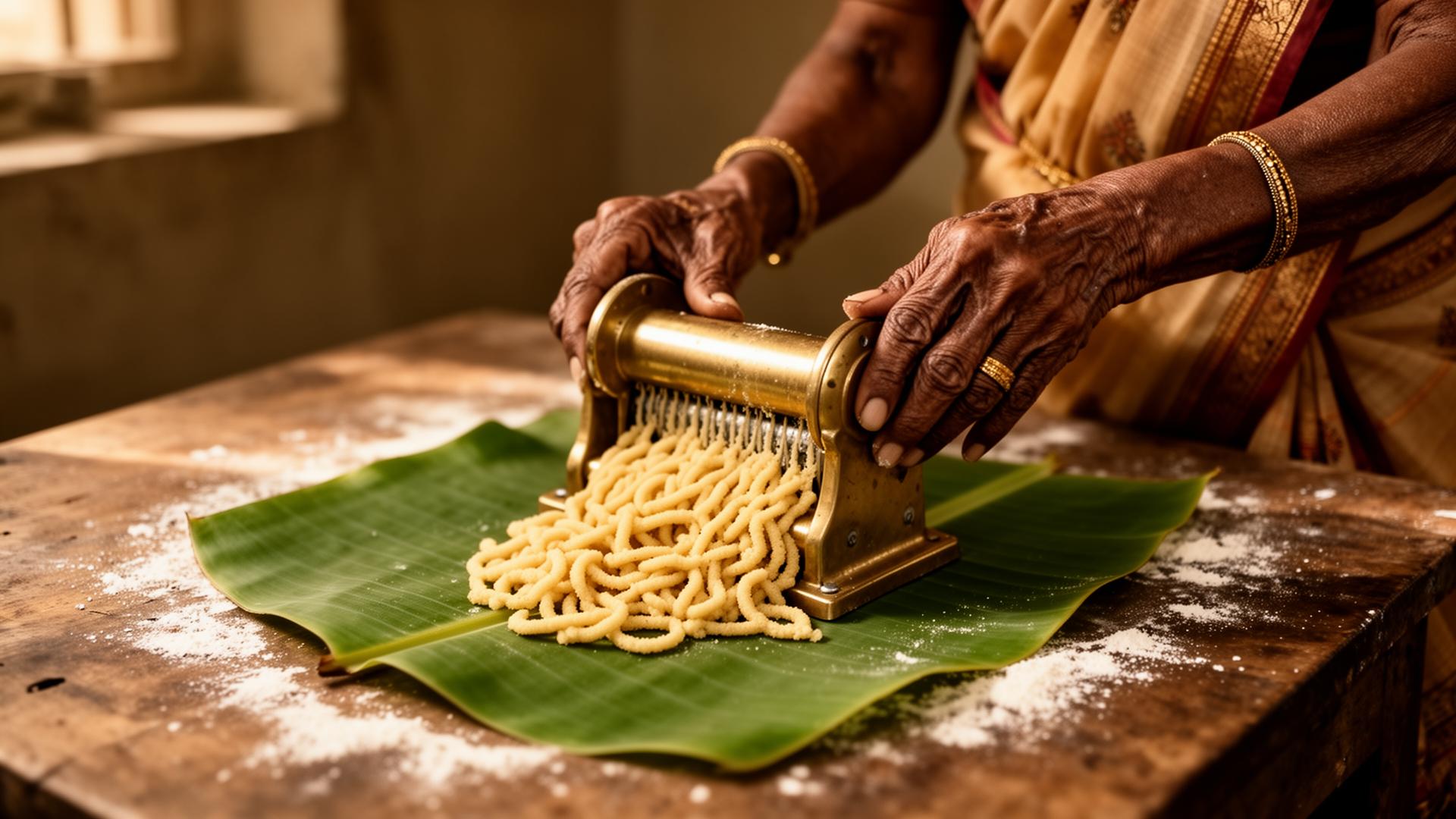 Hands pressing fresh murukku dough through a traditional brass press onto a banana leaf
