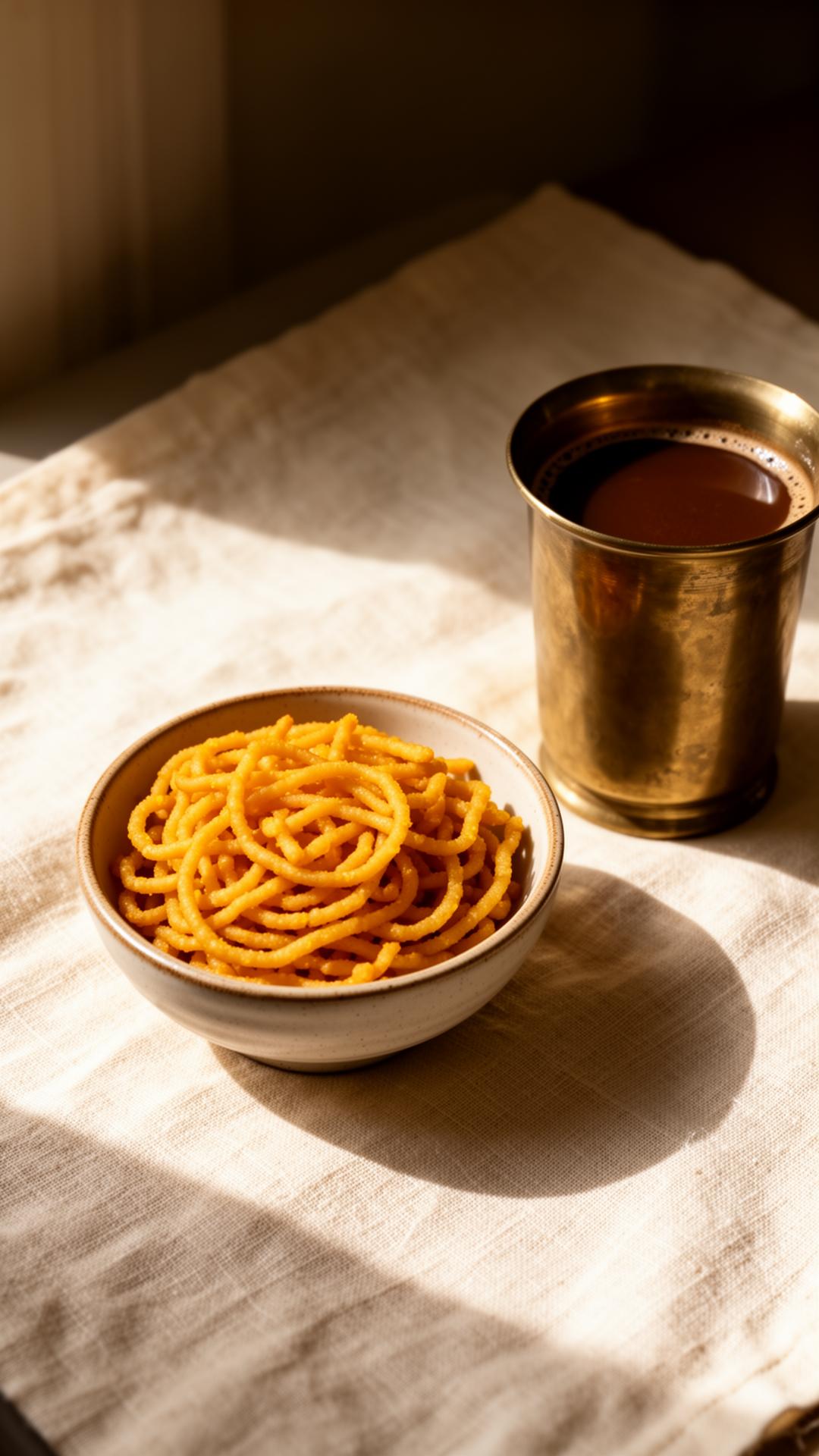 A bowl of freshly made murukku next to a brass tumbler of filter coffee