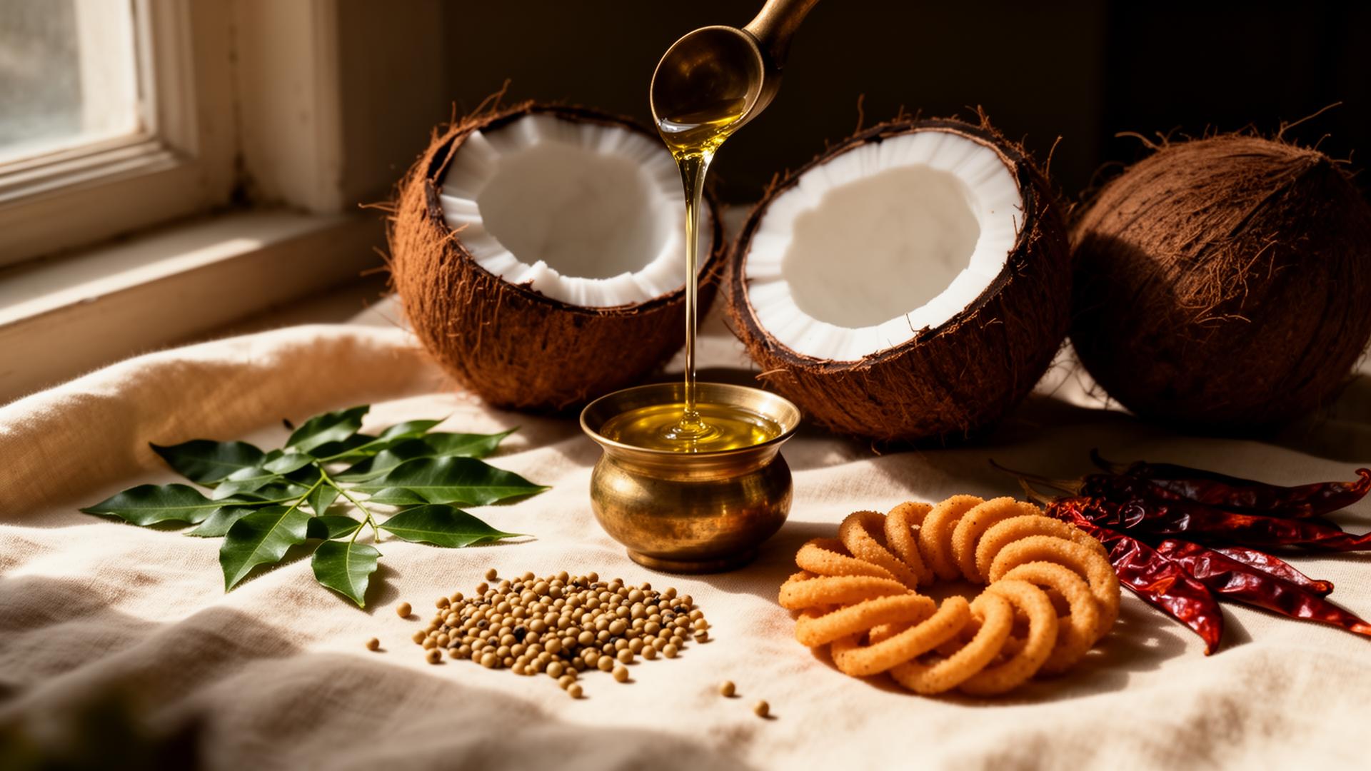 Fresh coconuts, golden coconut oil, curry leaves, and freshly made murukku on warm cream linen